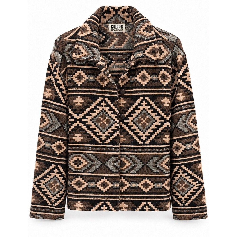 Chicos Design Southwestern Tapestry Jacket Brown Black Aztec Cotton Size 3 (XL)